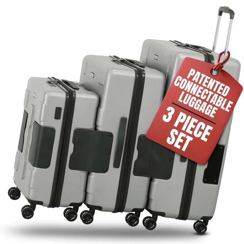 TACH Patented Connecting Hard Shell 3 Piece Luggage Set - 20, 24 & 28 inch Luggage | Carry - On, Medium & Large Rolling Suitcases - Silver