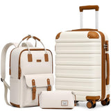 TAKUMI Luggage Sets 3 Piece, 20 Inch Carry On Luggage Set with Backpack, PC+ABS Hardshell Suitcases with Wheels, Lightweight Travel Luggage with TSA Lock for Women, Men (WHITE BROWN, 3 PIECE SET（BP）)