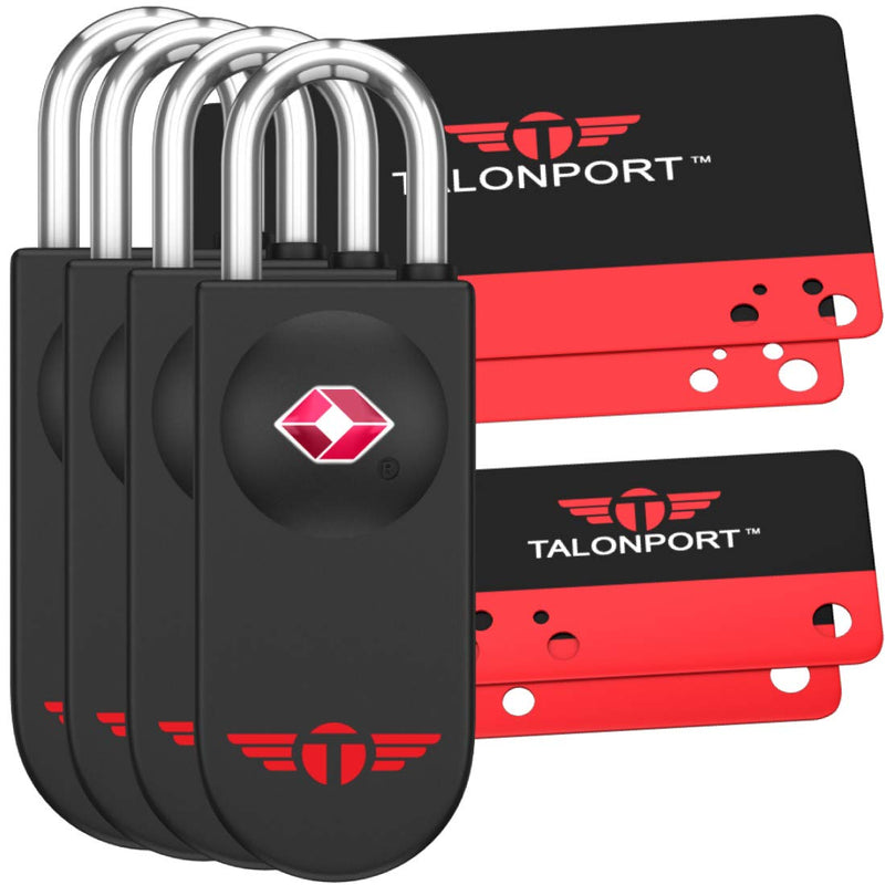 Talonport TSA Locks for Luggage – Keyless Luggage Locks TSA Approved, No Combination Needed, Lifetime Card Keys, Durable Metal Suitcase Lock for Travel Essentials & Checked Bags (Black, Four Pack)
