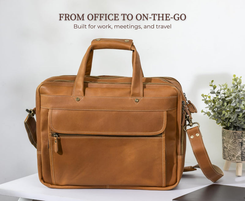 Tan Brown Leather Messenger Bag for Men, Genuine Leather Briefcase Fits 15 Inch Work Satchel for Office, Business, and Travel Use