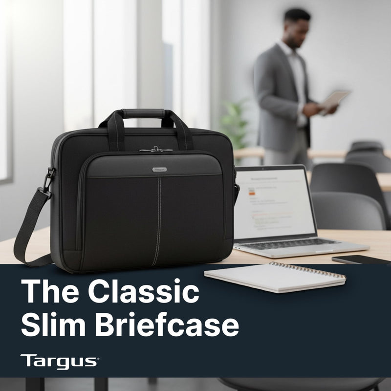 Targus 15 - 16 Inch Classic Slim Laptop Bag, Black - Ergonomic Briefcase and Messenger Bag - Spacious Foam Padded Laptop Bag for 16" Laptops and Under (TCT027US)