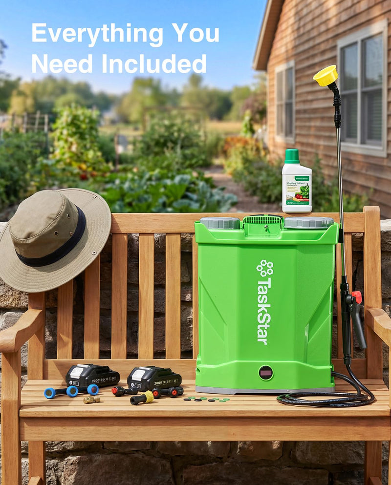 Taskstar Battery Powered Backpack Sprayer 4 Gallon,Two 2000mAh Batteries Electric Sprayer with 0 - 100 PSI Adjustable, 32" Wand, 6 Nozzles for Lawn Garden Weed Pest Control & Fertilizing