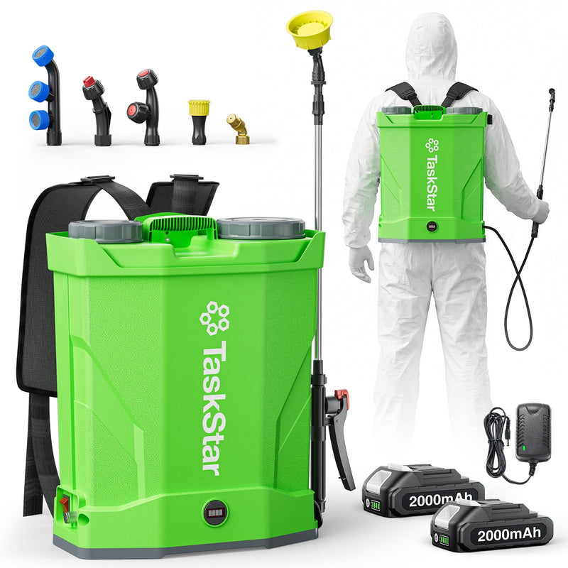 Taskstar Battery Powered Backpack Sprayer 4 Gallon,Two 2000mAh Batteries Electric Sprayer with 0 - 100 PSI Adjustable, 32" Wand, 6 Nozzles for Lawn Garden Weed Pest Control & Fertilizing