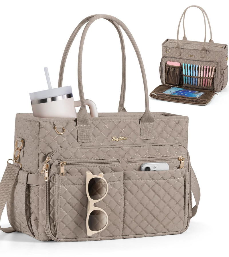 Teacher Tote Bags for Women, 15.6 inch Laptop Work Tote Nurse Bible Bag With Large Cup Holder & Insulated Pocket Quilted Shoulder Handbag Laptop Briefcase for Work, Daily, School, Travel, Gifts