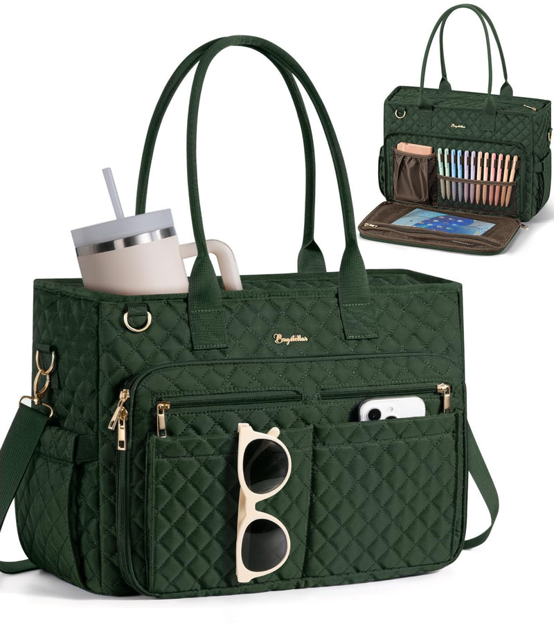 Teacher Tote Bags for Women, 15.6 inch Laptop Work Tote Nurse Bible Bag With Large Cup Holder & Insulated Pocket Quilted Shoulder Handbag Laptop Briefcase for Work, Daily, School, Travel, Gifts