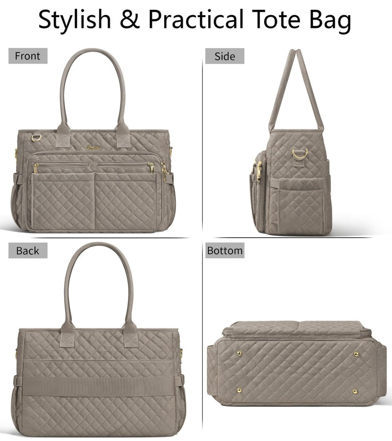 Teacher Tote Bags for Women, 15.6 inch Laptop Work Tote Nurse Bible Bag With Large Cup Holder & Insulated Pocket Quilted Shoulder Handbag Laptop Briefcase for Work, Daily, School, Travel, Gifts