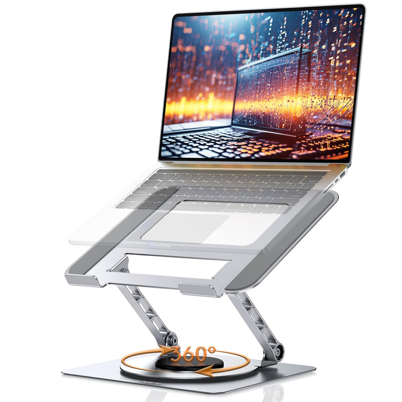 TECKNET Laptop Stand for Desk, 360 Rotating Base, Ergonomic Foldable Computer Stand for Laptop Riser Height Adjustable, Compatible with MacBook Pro, All Laptops 10 - 17" - Silver