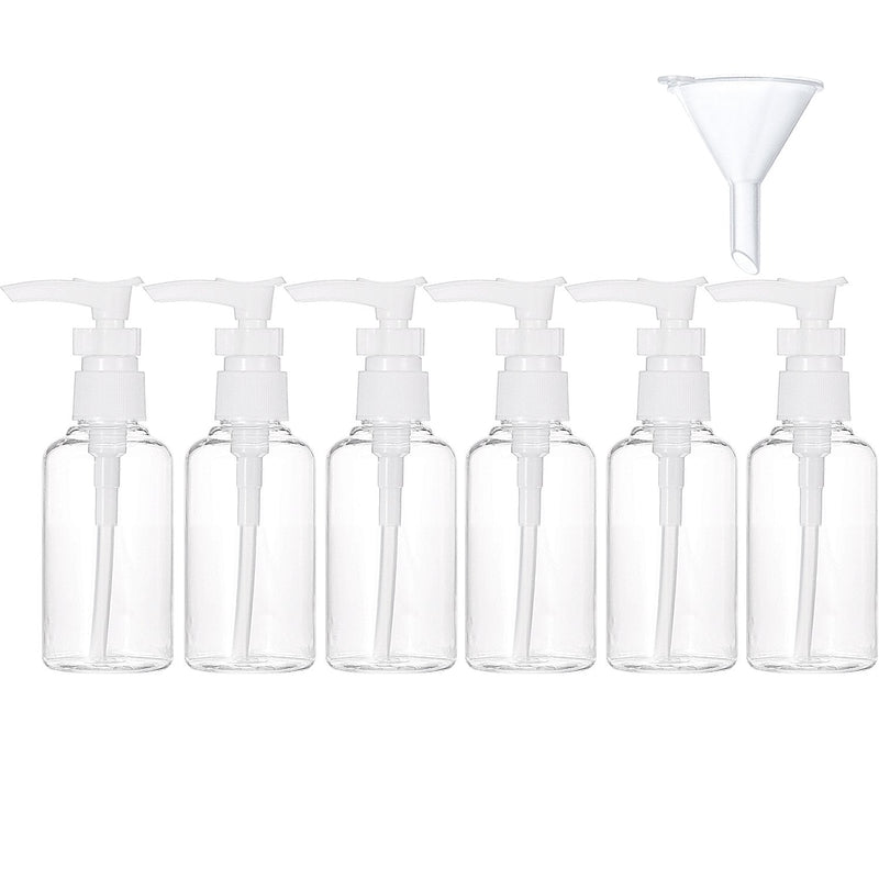 TecUnite 6 Pack Small Pump Bottles Clear Travel Bottle Plastic Empty Spray Dispenser Hand Lotion Sanitizer Refillable Accessories Set with Small Funnel for Flight, Airport, Holiday