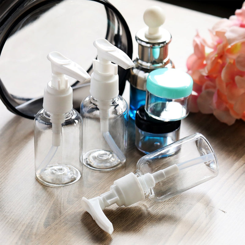 TecUnite 6 Pack Small Pump Bottles Clear Travel Bottle Plastic Empty Spray Dispenser Hand Lotion Sanitizer Refillable Accessories Set with Small Funnel for Flight, Airport, Holiday