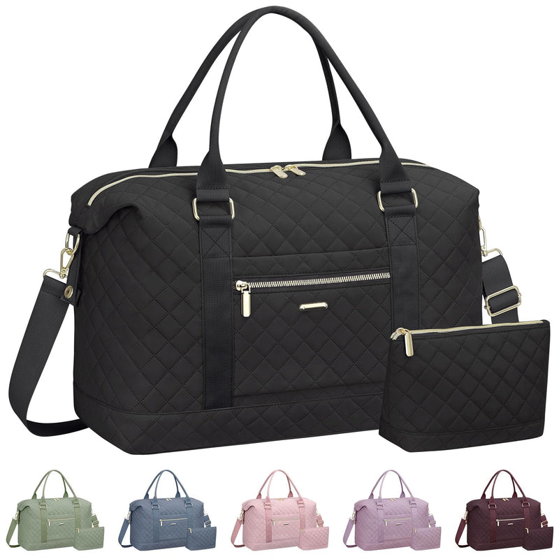 Tenot Quilted Travel Duffle Bag for Travel Women with Toiletry Bag, Large Weekender Bags for Women Carry on Duffel Overnight Bag, Waterproof Travel Tote Bags for Sports, Weekender, Business, Black