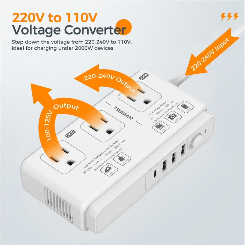 TESSAN 220V to 110V Voltage Converter for Travel 2000W, 3 AC Outlet with 4 USB Ports (1 USB C) and EU UK AU IT in ZA International Power Adapter, Step Down Transformer Outlet Converters