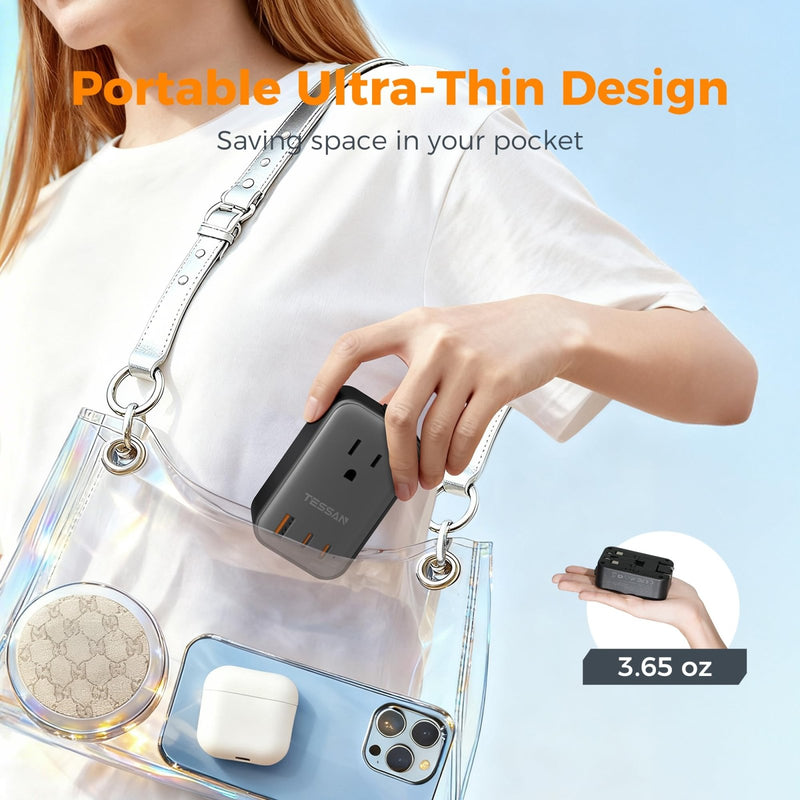 TESSAN Travel Adapter PD 20W, Universal Power Adapter 2 USB C 1 USB A, Ultra Thin International Plug Adaptor Worldwide Outlet for US to European UK Italy Spain New Zealand (Type C G A I), 1 Pack