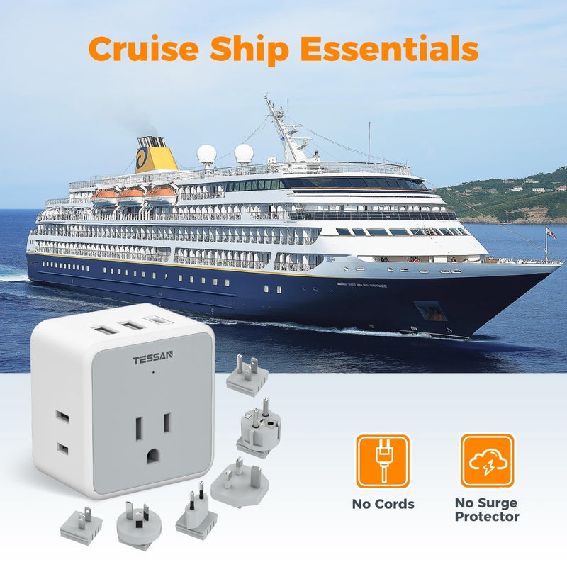 TESSAN Universal Travel Adapter Kit, 6 - in - 1 International Power Adapter with 3 USB (1 USB C) and 3 AC Outlets, Wordwide Adaptor Supports Type C, G, E/F, I, A, B for US EU UK Australia Japan, Grey