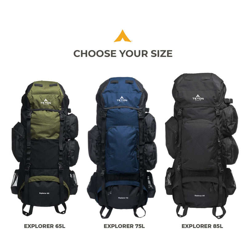 Teton 75L Explorer Internal Frame Backpack for Hiking, Camping, Backpacking, Rain Cover Included, Olive
