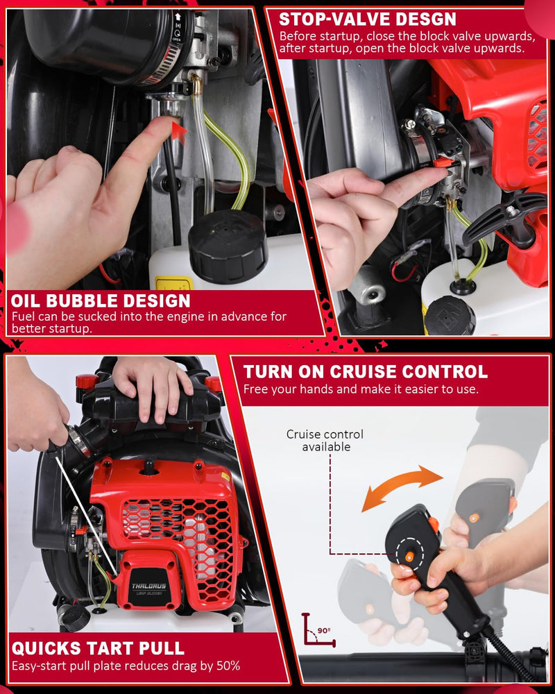Thalorus 63CC Gas Backpack Leaf Blower, 2 - Stroke, 665 CFM, 205 MPH, Variable Speed & Cruise Control, Ergonomic Harness, Reduced Emissions, for Fast Yard Cleanup (Red)