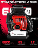 Thalorus 63CC Gas Backpack Leaf Blower, 2 - Stroke, 665 CFM, 205 MPH, Variable Speed & Cruise Control, Ergonomic Harness, Reduced Emissions, for Fast Yard Cleanup (Red)