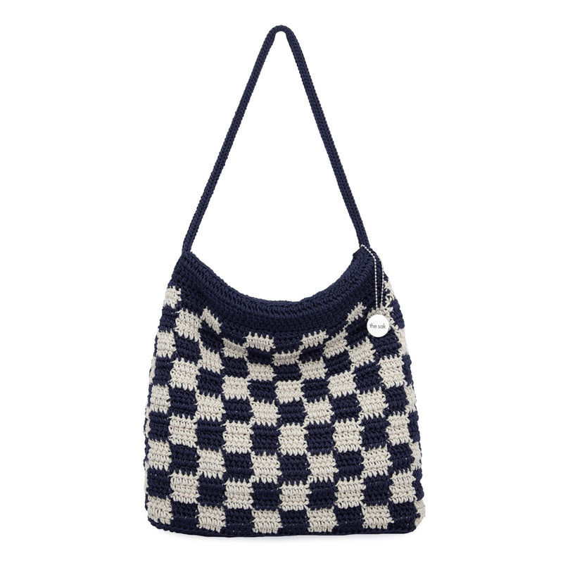 The Sak Ava Hobo Bag in Crochet, Double Shoulder Straps, Denim Check