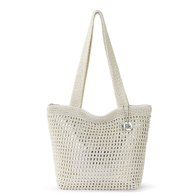 The Sak Casual Classics Tote Bag - Hand Crochet Woman's Purse For Everyday, Travel, Beach Bag - Handbag With Shoulder Straps - Natural W/Silver