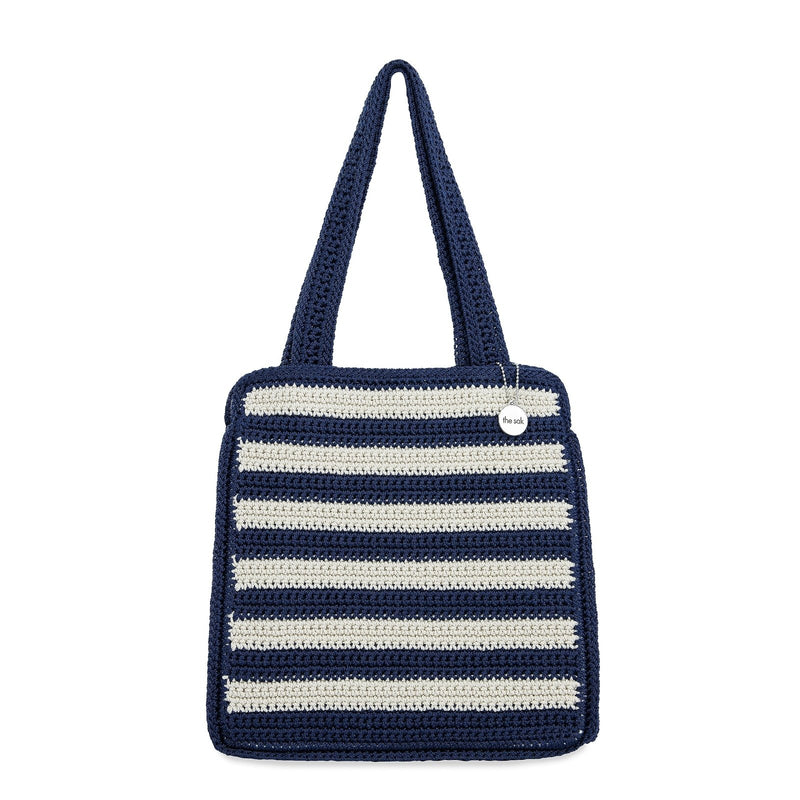 The Sak Ellen Insulated Tote in Crochet, Double Handle Straps, Denim Stripe