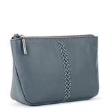 The Sak Essential Medium Pouch in Leather, Travel Bag with Zipper Closure, Denim Crochet