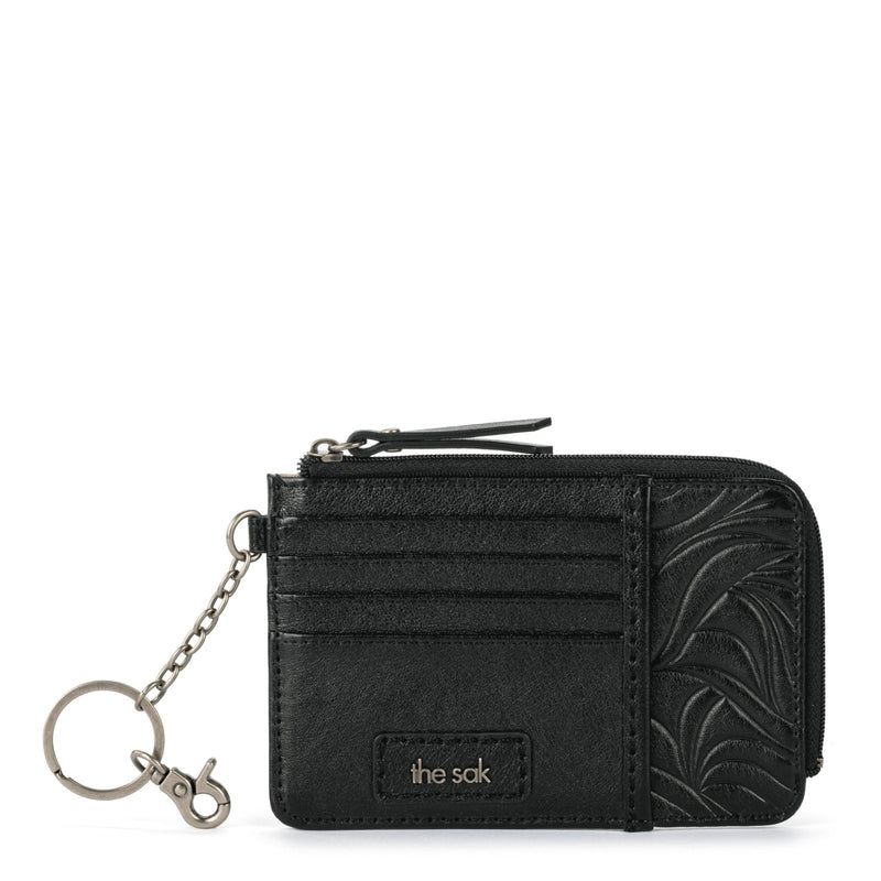 The Sak Iris Wallet in Leather, Elevated Card Holder with Keychain, Black Leaf Embossed II