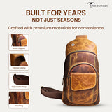 The Tannery Handmade Buffalo Leather Multipurpose Travel Hiking Crossbody Chest Backpack with Adjustable Shoulder Strap, Thanks Giving (Brown, Large)