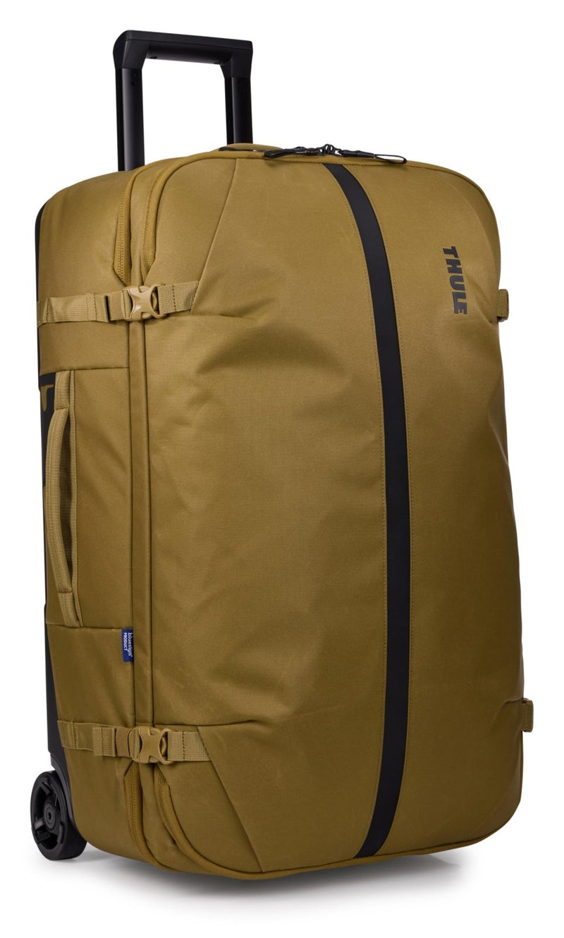 Thule Aion 70cm Wheeled Duffel - Wet/Dirty storage pocket - Smooth rolling wheels - Interior compression straps - Lockable exterior zippers - 100% recycled fabrics - Waxed, PFC - free fabric