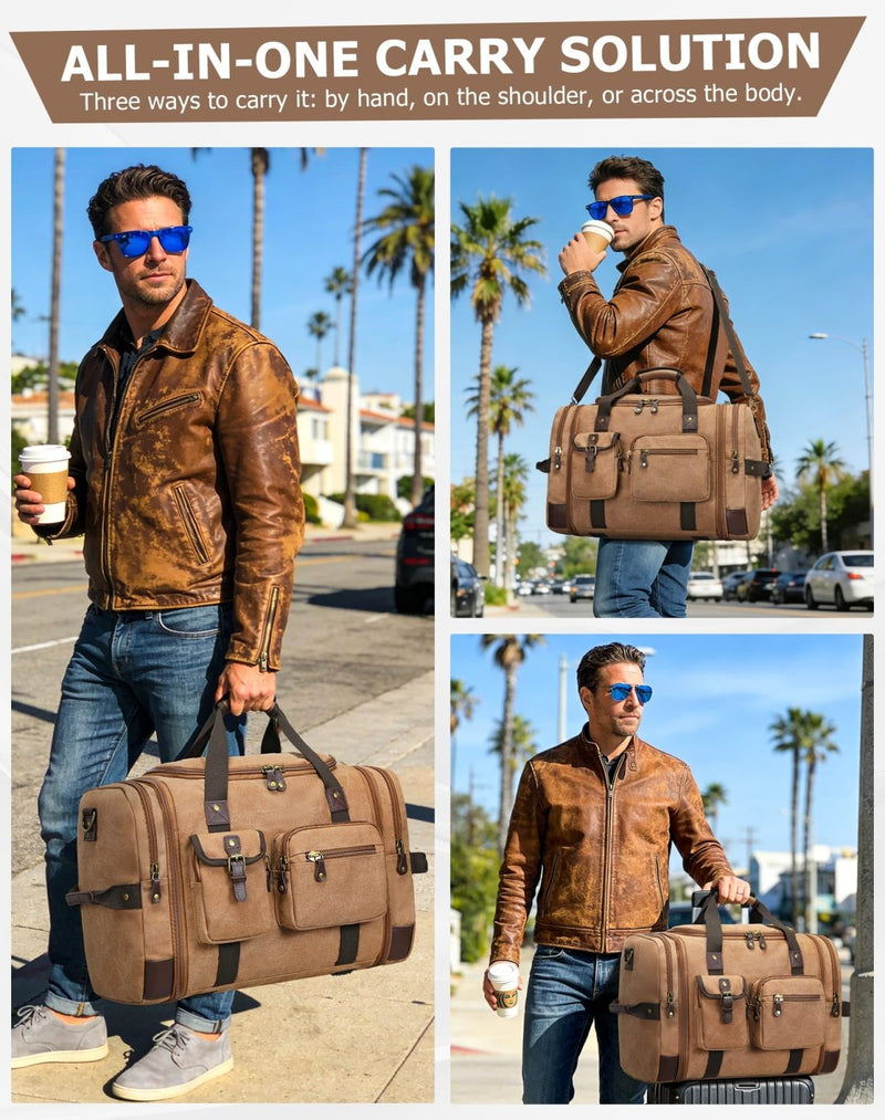 THYWD Canvas Duffle Bag for Travel, 55L Weekender Overnight Bag for Men & Women, Vintage Carry on Bags for Airplanes