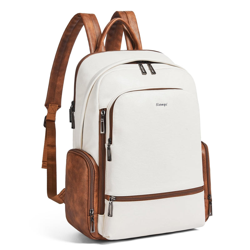 tiamyi Leather Backpack for Women Men, Fits 16.0 Inch Laptop, Soft Vegan Leather Backpack for Travel and Daily Use, Beige