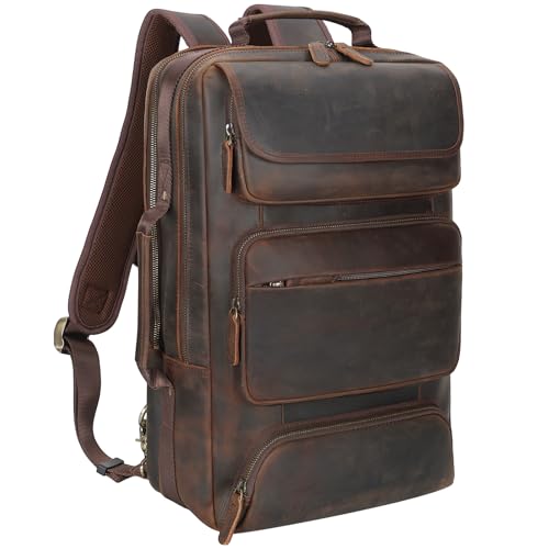 TIDING Full Grain Leather 17.3 Inch Laptop Backpack for Men, Convertible Business Briefcase Weekender Camping Bag Travel Rucksack