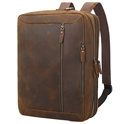TIDING Leather 15.6" Laptop Backpack Convertible Business Briefcase Crossbody Shoulder Messenger Bag, Brown
