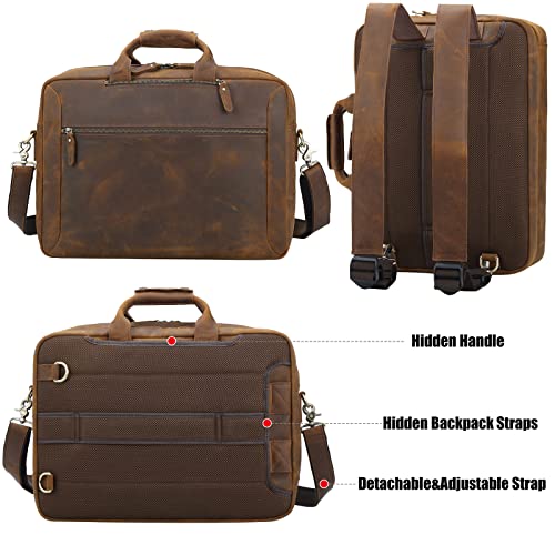 TIDING Leather 15.6" Laptop Backpack Convertible Business Briefcase Crossbody Shoulder Messenger Bag, Brown