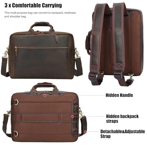TIDING Leather Convertible Briefcase Backpack for Men, Large 15.6 Inch Laptop Messenger Bag Work Business Travel Crossbody Shoulder Bag