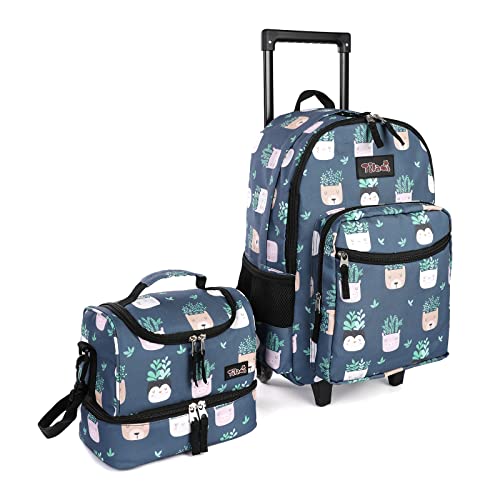 Tilami Rolling Backpack 18 inch Double Handle with Lunch Bag Wheeled Kids Backpack for Girls and Boys, Plants Blue