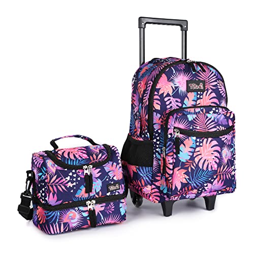 Tilami Rolling Backpack 18 inch Double Handle with Lunch Bag Wheeled Kids Backpack, Leaves Pink | Backpacks4Less