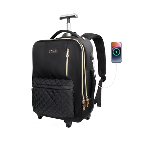 Tilami Rolling Backpack for Women, Carry on Laptop Backpacks with Wheels, 40L Roller Backpack for Travel,Black