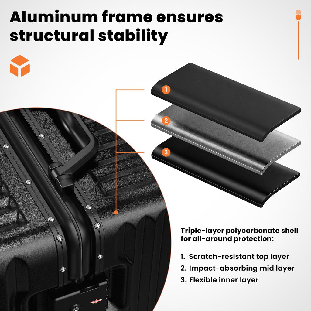 TIYFIY Carry on Luggage, 20 Inch Aluminum Frame PC Hardshell Suitcase with Cup Holder & Charger Port, Airline Approved Weekend Business Travel Case with Spinner Wheels, Tsa Lock