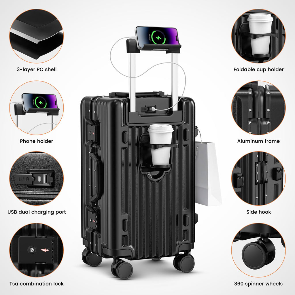 TIYFIY Carry on Luggage, 20 Inch Aluminum Frame PC Hardshell Suitcase with Cup Holder & Charger Port, Airline Approved Weekend Business Travel Case with Spinner Wheels, Tsa Lock
