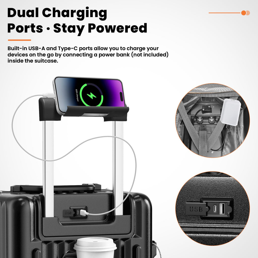 TIYFIY Carry on Luggage, 20 Inch Aluminum Frame PC Hardshell Suitcase with Cup Holder & Charger Port, Airline Approved Weekend Business Travel Case with Spinner Wheels, Tsa Lock
