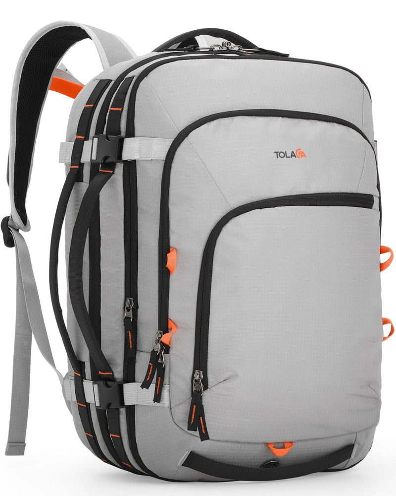 Tolaccea Travel Backpack, TSA Friendly Flight Approved Carry - on Luggage Durable Large Laptop Bag Daypack Fits 15.6 Inch Computer, Water - resistant Business Rucksack, 35 - 45L Expandable - Grey