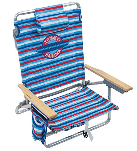 Tommy Bahama 5-Position Classic Lay Flat Folding Backpack Beach Chair, Aluminum, Red, White, and Blue Stripe | Backpacks4Less
