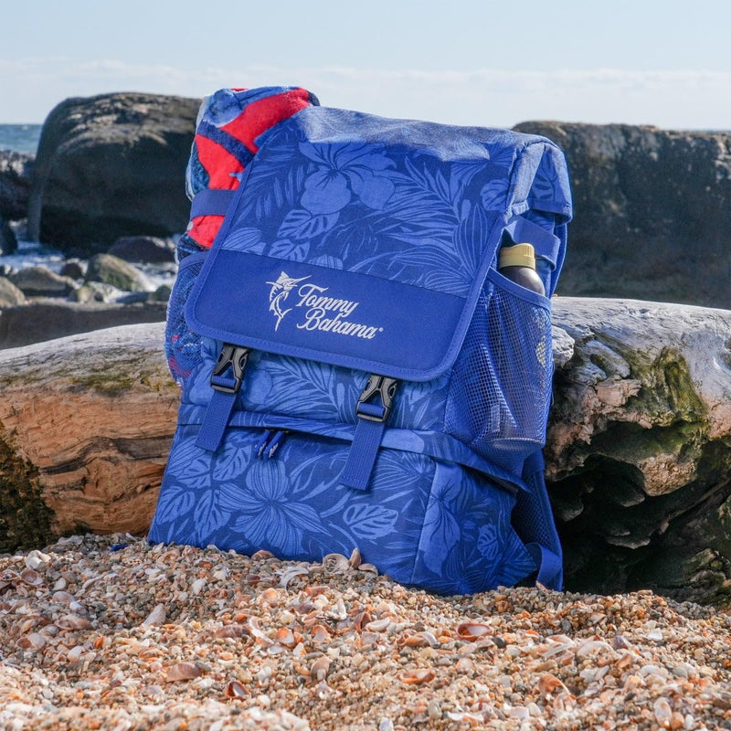 Tommy Bahama Backpack Cooler, Adjustable Straps, Zippered Compartments, Mesh Pockets, Bottle Opener (Blue)