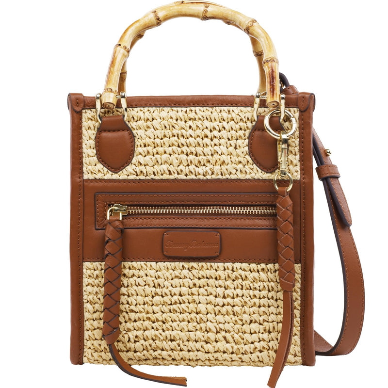 Tommy Bahama Raffia Tote Bag with Bamboo Handle, Structured Summer Handbag with Crossbody Strap, Beach and Resort Purse, Cognac and Natural