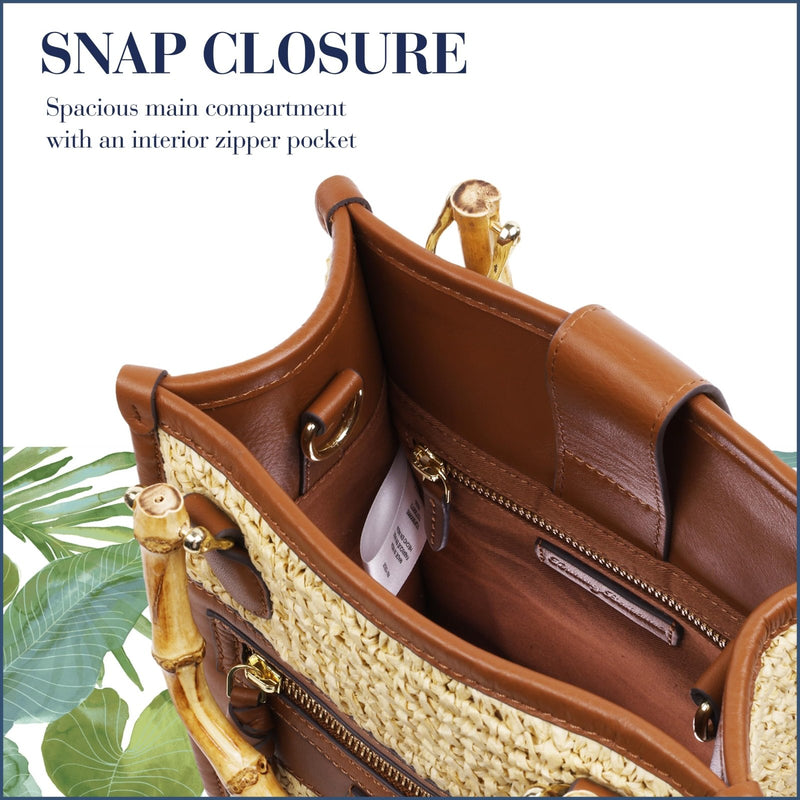 Tommy Bahama Raffia Tote Bag with Bamboo Handle, Structured Summer Handbag with Crossbody Strap, Beach and Resort Purse, Cognac and Natural
