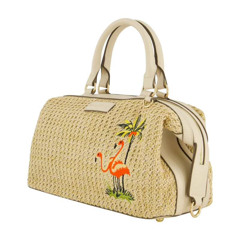 Tommy Bahama Satchel Bag, Women's Crossbody Purse with Adjustable Shoulder Strap, Embroidered Flamingo and Palm Tree Design, Cream, One Size
