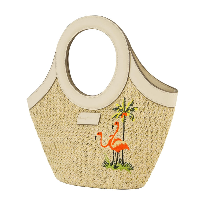 Tommy Bahama Tote Bag, Women's Travel Handbag with Adjustable Shoulder Strap, Embroidered Flamingo and Palm Tree Design, Cream, One Size