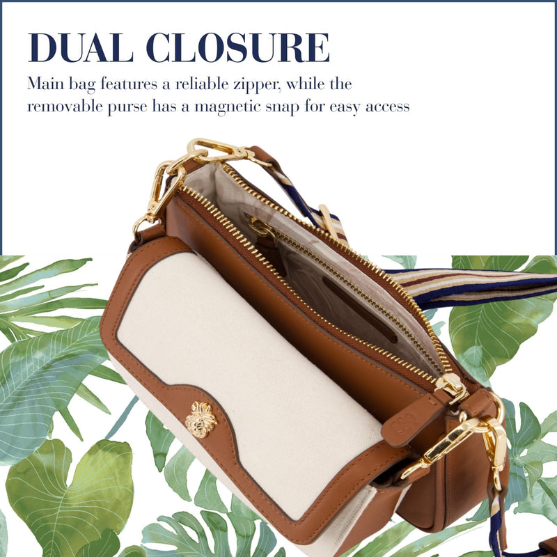 Tommy Bahama Women's Double Crossbody Bag Purse, Canvas Small Shoulder Handbag with Adjustable Strap and Leather Trim, Natural