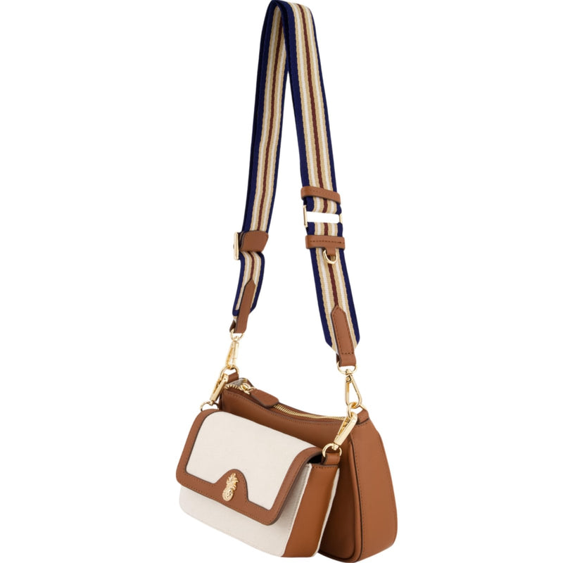 Tommy Bahama Women's Double Crossbody Bag Purse, Canvas Small Shoulder Handbag with Adjustable Strap and Leather Trim, Natural