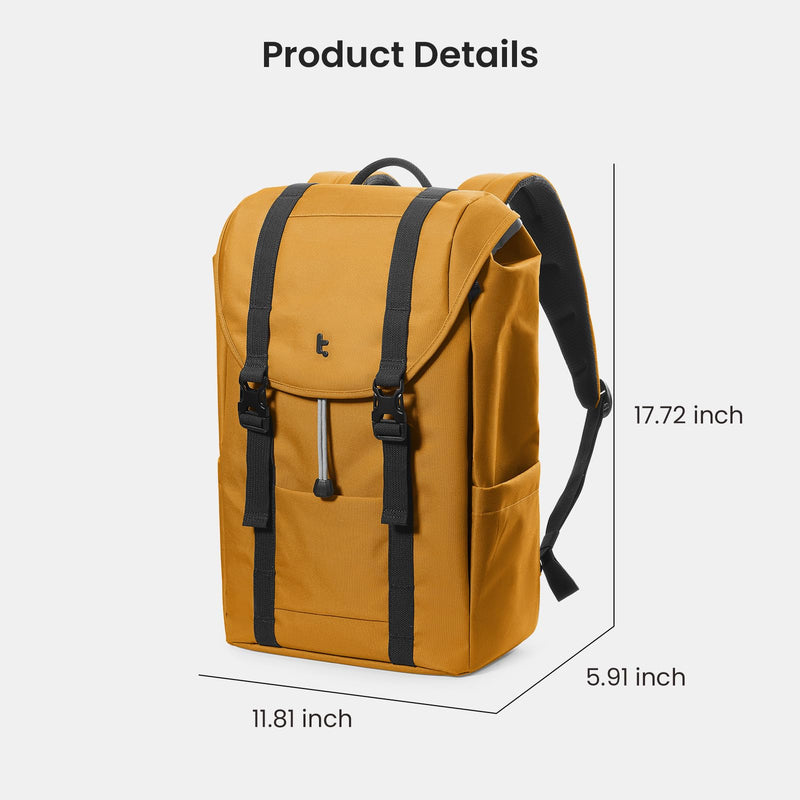 tomtoc Flap Laptop Backpack, Lightweight, Water - Resistant Casual Daypack, Durable Work - pack, Vintage Classic Rucksack for 13 - 15.6 Inch Laptop, perfect for Campus, Street, 22L Yellow