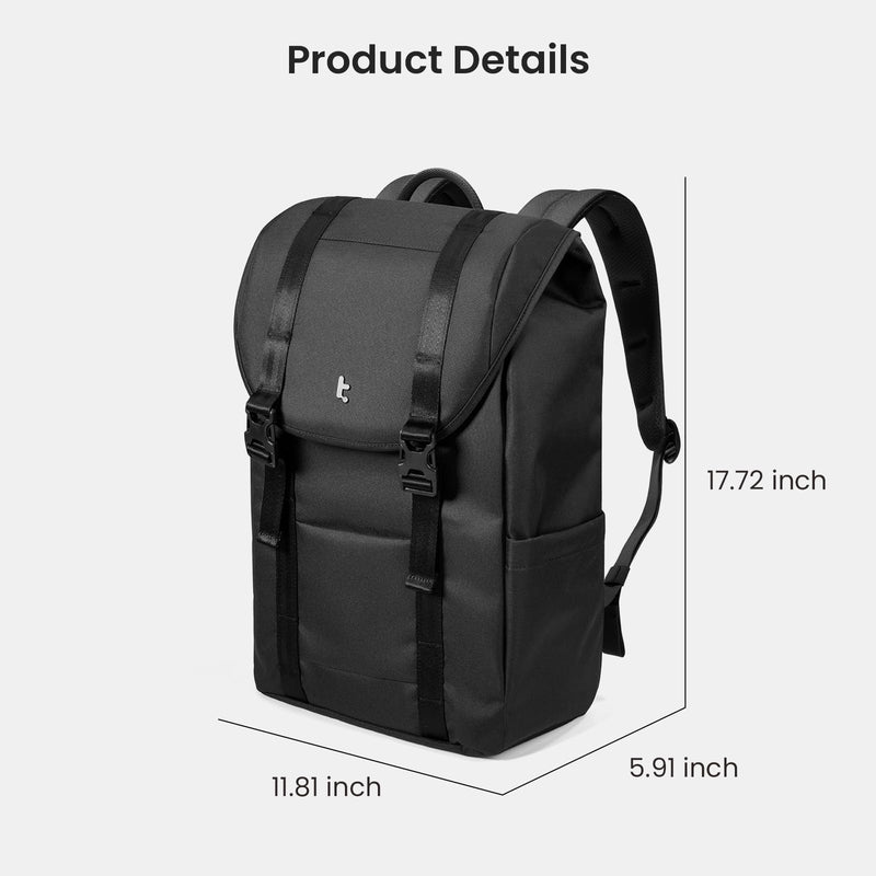 tomtoc Flap Laptop Backpack, Lightweight, Water - Resistant Casual Daypack, Durable Work - pack, Vintage Classic Rucksack for 13 - 15.6 Inch Laptop, perfect for Campus, Street, 22L, Dark